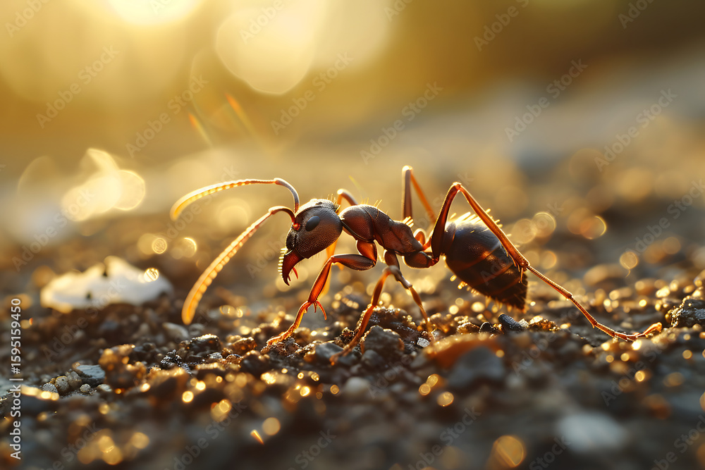 Close-up view of a vibrant orange ant on green moss during a sunny day in the forest Close-up view of a vibrant orange ant on green moss during a sunny day in the forest