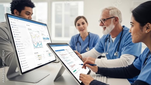 Diverse Medical Team Collaborating on Digital Healthcare Data Using Computer and Tablet in Modern Office Setting