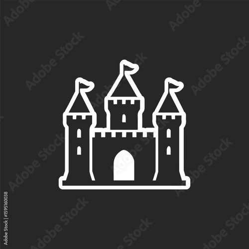 White ancient royal castle silhouette logo on black background, generative ai