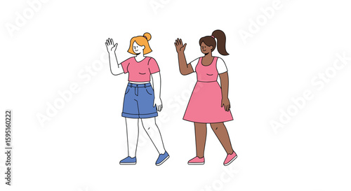 Two young women with different hair colors and skin tones waving hello to each other in a friendly gesture