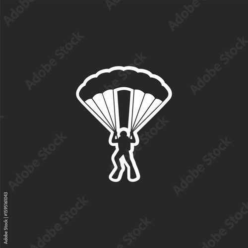White parachutist silhouette logo on black background, generative ai