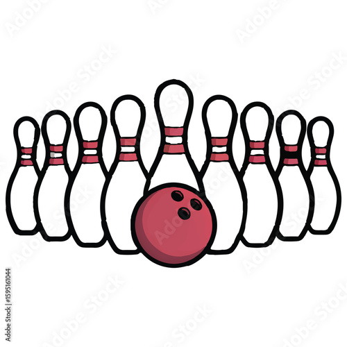 A colorful illustration of bowling pins and a ball isolated on white background, representing a fun and competitive sport