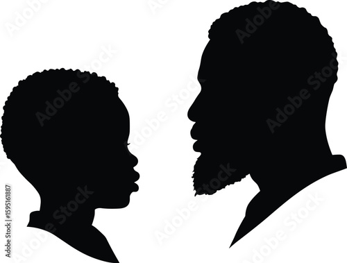 Striking black silhouette profiles of an adult and child facing each other, symbolizing family bonds, generational connection, and thoughtful communication in a minimalist, impactful design.