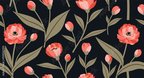 Delicate coral peony blossoms adorn a deep indigo floral art pattern background