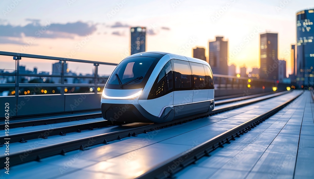 Naklejka premium Train Traveling on Tracks in Urban Setting at Dusk