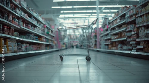 Empty shopping cart in supermarket aisle