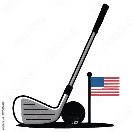 A golf club and ball with an american flag waving proudly in the background