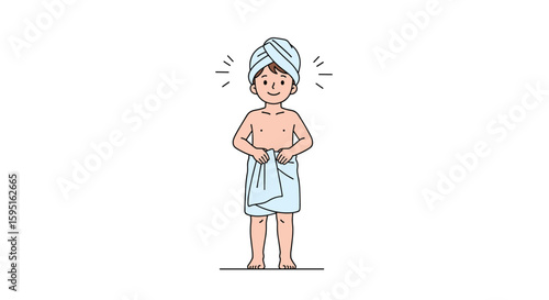 A young person wrapped in a blue towel after showering feeling refreshed and clean