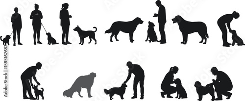 Diverse silhouettes of people interacting with various dog breeds, showcasing training, petting, walking, and caring moments, emphasizing the bond between humans and their canine companions.