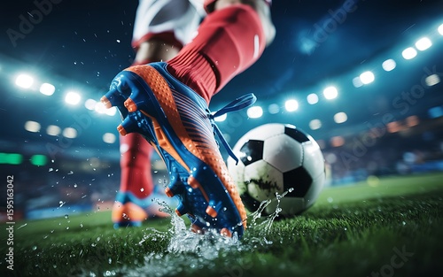 Soccer player kicking ball in stadium football