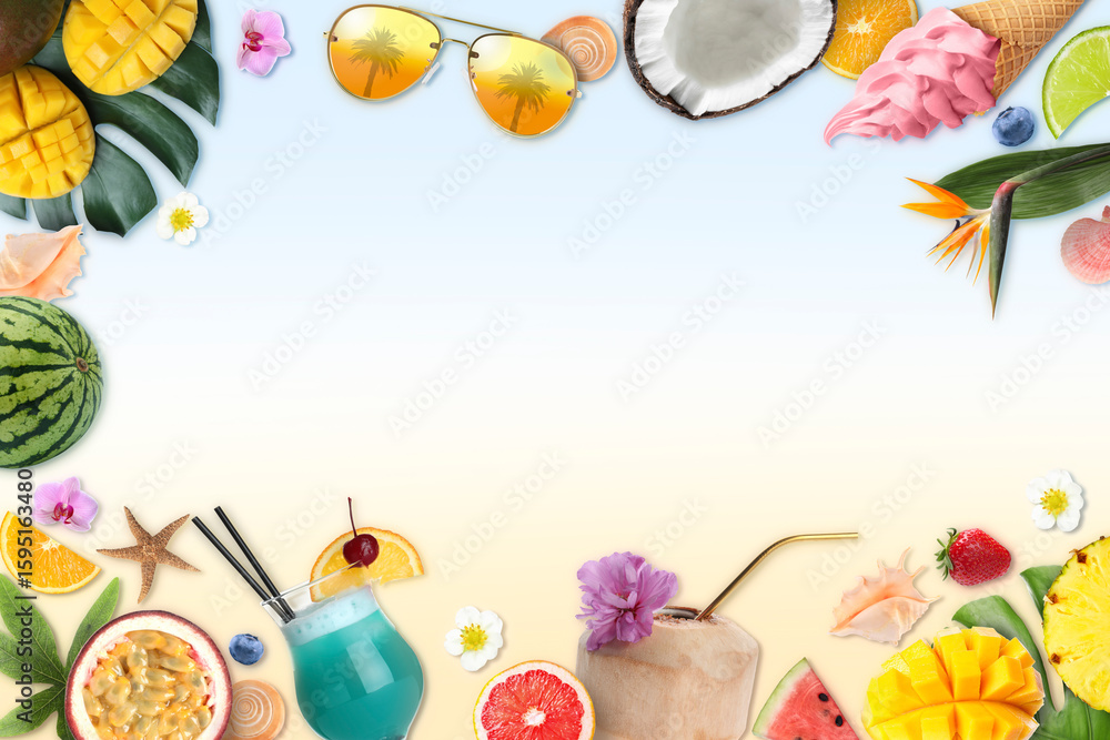 Obraz premium Summer vibe card or party invitation with space for text. Frame of different fruits on color background