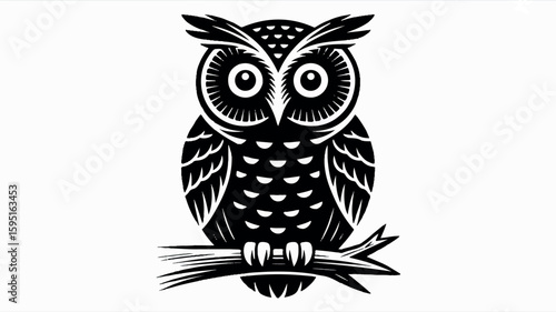 Minimalist black and white woodcut style owl illustration