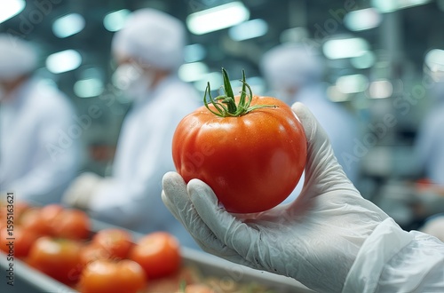 In the foreground, a close up of hands in white gloves holding a tomato against a blurred background of workers preparing tomatoes for packaging at a modern food factory.