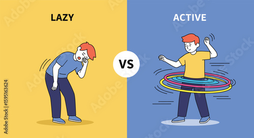 Comparing lifestyles demonstrating the contrast between a lazy person and an active person engaging in exercise