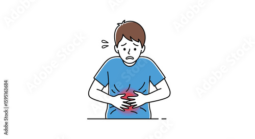 Young person experiencing stomach pain clutching abdomen with worried expression and sweating