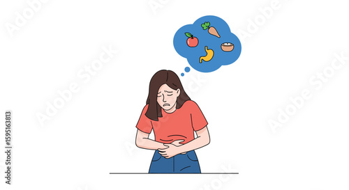 A person clutching their stomach in discomfort while thinking about healthy food options for relief and wellness