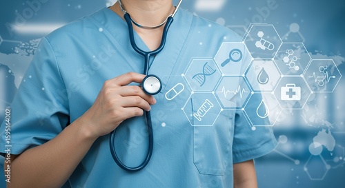 Healthcare professional holding stethoscope with digital medical icons overlay