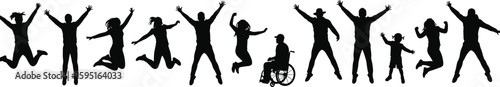 Diverse group of people in silhouette, including individuals of all ages and abilities, joyfully jumping and celebrating together, embodying inclusivity, happiness, and collective triumph.