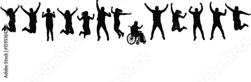 Diverse group of people in silhouette, including individuals of all ages and abilities, joyfully jumping and celebrating together, embodying inclusivity, happiness, and collective triumph.