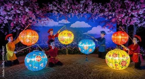 Children Decorate With Colorful Lanterns Under Cherry Blossom Trees