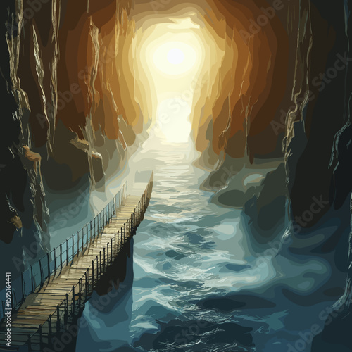 Mysterious canyon path leading to a glowing sunrise over the ocean for fantasy and adventure art