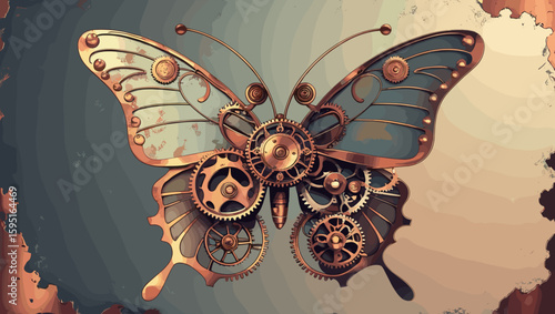 Steampunk butterfly illustration made of gears and metal for creative and fantasy art