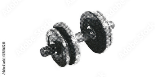 Vintage Dumbbell In Halftone. Retro Fitness Equipment Illustration Isolated On Transparent Background