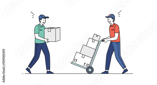 Two delivery men are transporting parcels and boxes with a hand truck and by hand on a white background illustration