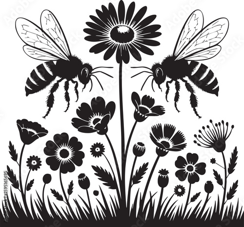 Two bees hovering over a field of wildflowers in a stylized silhouette