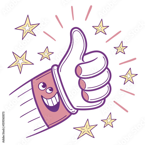 Thumbs Up with Positive Vibes: A delightful cartoon illustration featuring a cheerful thumbs-up gesture, radiating positivity with playful stars and lines, symbolizing approval and encouragement.