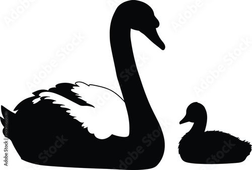 Elegant silhouette of a graceful adult swan with its small cygnet beside it, symbolizing maternal love, nature's beauty, and family bonds in a serene, minimalist design.