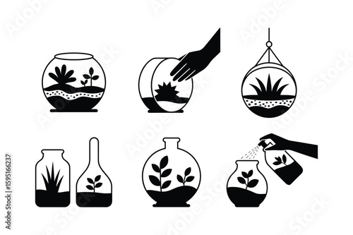 Terrarium care and creation icons plants glass