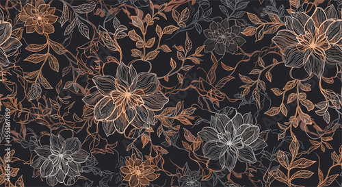 Intricate floral pattern design with delicate leaves and blooming flowers in warm and cool metallic tones on a dark background fabric texture