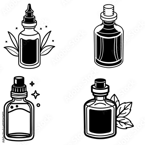 Illustration of four different bottles with liquids and leaves in a black and white color scheme