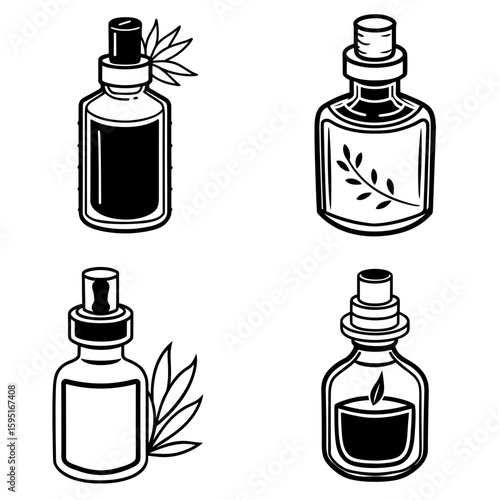 Illustration of four different apothecary bottles with various liquids and plant decorations near them