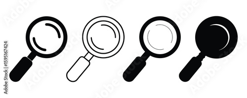 Magnifying Glass Icons in Various Styles on White Background, Search and Discovery Concept, Flat Design Style, Zoom In Tool, Investigation and Exploration Symbols