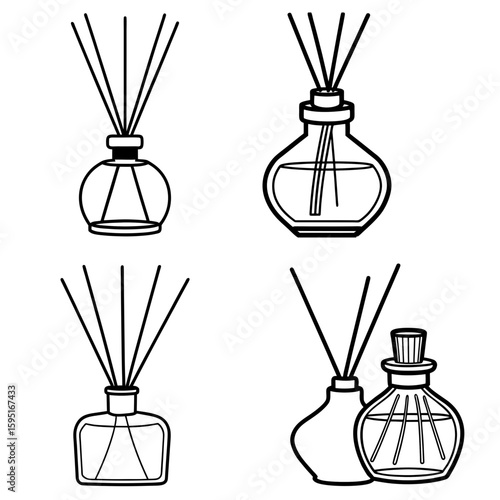 Illustration of four different reed diffusers with various bottle shapes and stick arrangements shown