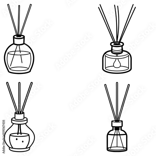 Illustration showing four different reed diffusers in glass bottles with sticks on a white background