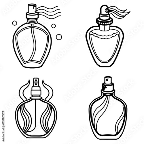 Four outlined perfume bottles with different shapes and designs in a black and white vector drawing style