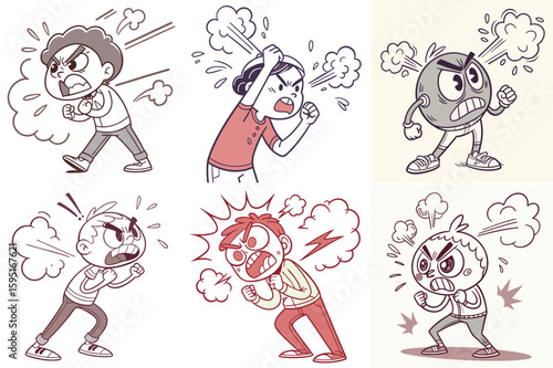 Angry Cartoon Characters: A collection of angry cartoon characters in various poses, emanating raw, unadulterated rage and frustration. Each illustration captures a different manifestation of anger.