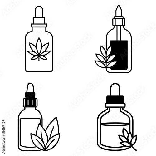Four outline dropper bottles with cannabis leaf and other botanical elements in black and white design style