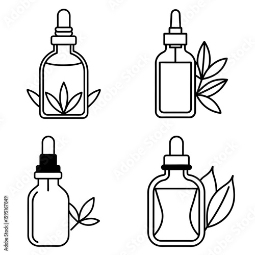 Four dropper bottles with leaves, outline style, showing various bottle and leaf arrangements on white
