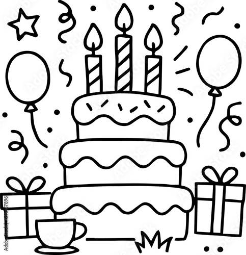 Birthday cake with balloons, gifts, and confetti, Line art coloring page for kids