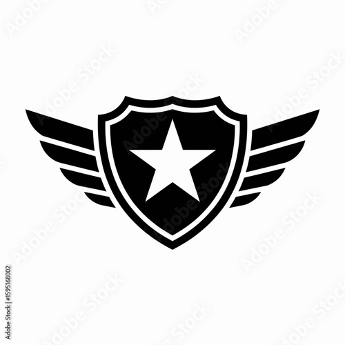 Black silhouette of a shield with wings and a star isolated on white background