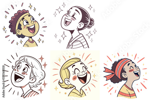 Joyful Expressions: A collection of six illustrated figures radiating expressions of pure happiness, each face brimming with smiles and wide eyes.