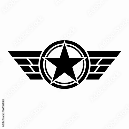 Black star emblem with wings and circle silhouette isolated on white background
