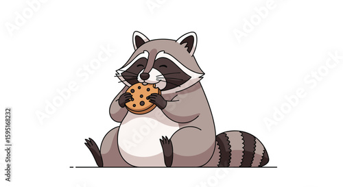 Adorable cartoon raccoon happily enjoying a delicious chocolate chip cookie with its paws