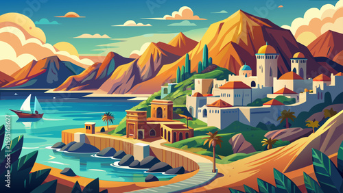 Fujairah, UAE – Mountainous desert meets ocean coastline. Forts and mosques blend with nature, offering raw textures for compelling vector imagery.