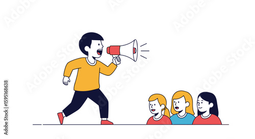 A person with a megaphone speaks to a group of attentive listeners receiving information and announcements effectively