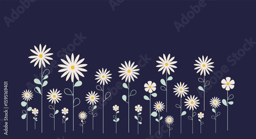 A whimsical arrangement of daisies blooming under a clear night sky a gentle breeze stirring petals